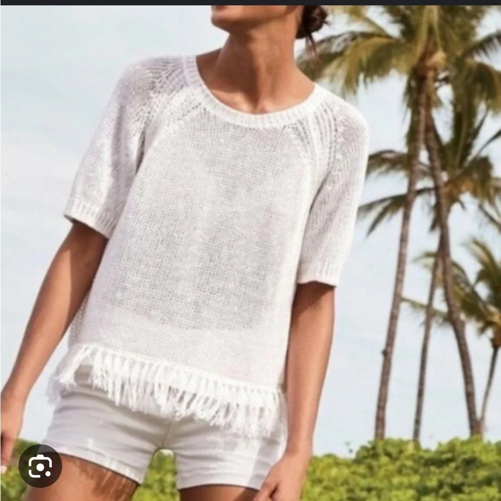 J.CREW WHITE LINEN FRINGE SHORT SLEEVE SWEATER